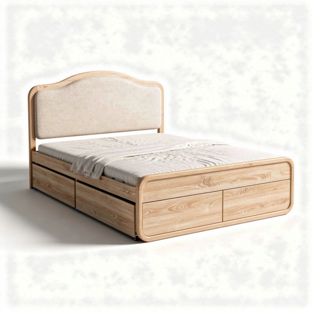 Lit en bois avec rangement intégré 200 x 160 x 110 cm couleur naturel et tissu beige