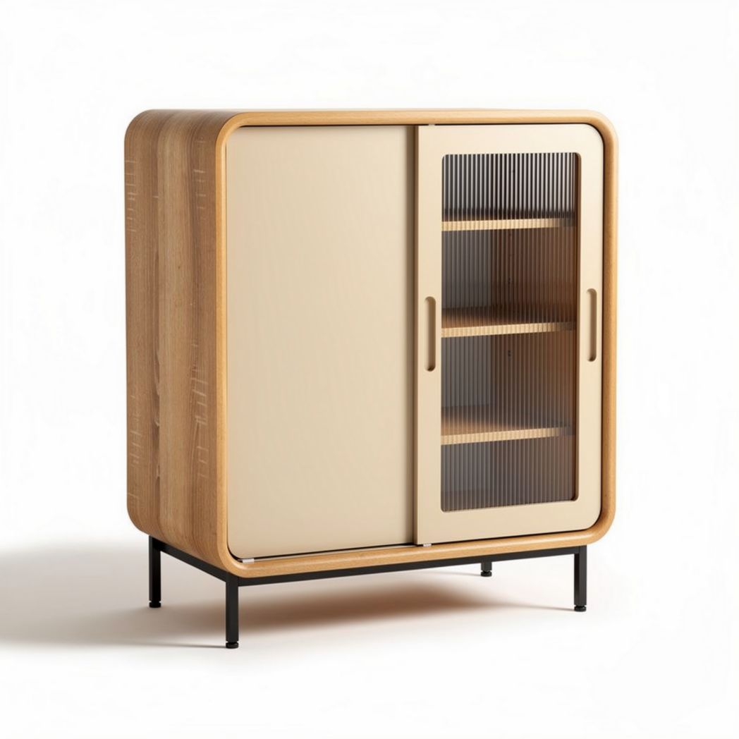 Buffet en bois de chêne naturel avec étagères et porte en rotin 80 x 40 x 100cm