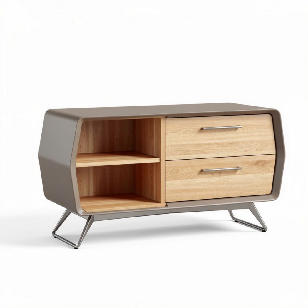 Meuble de rangement en bois clair et métal avec deux tiroirs 120 x 60 x 45cm