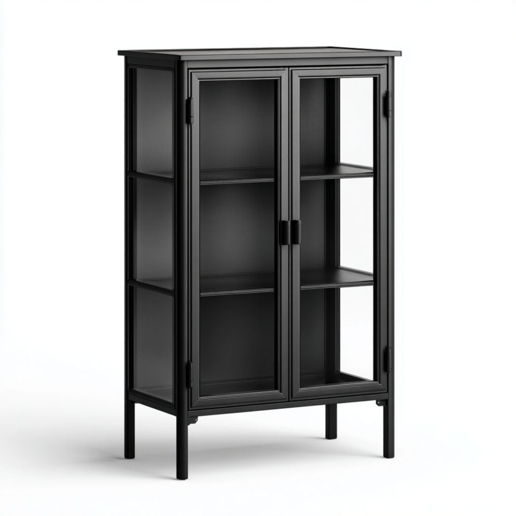 Vitrine en m¨¦tal noir avec portes vitr¨¦es et ¨¦tag¨¨res