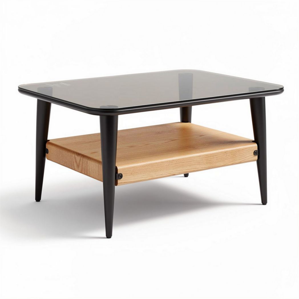 Table basse en verre trempé et bois naturel avec étagère 90 x 60 x 40cm