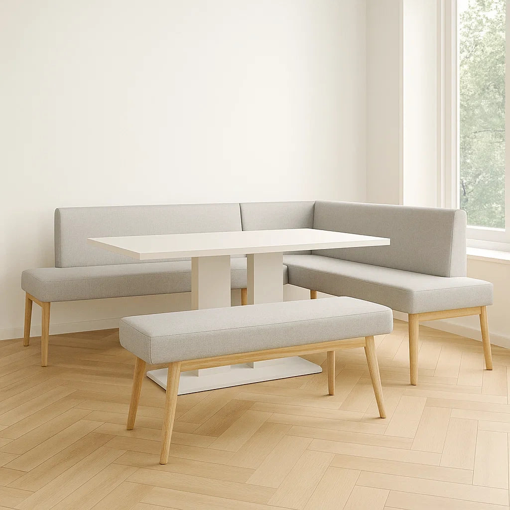Ensemble de 3 pi¨¨ces coin repas en bois massif avec table et banquettes rembourr¨¦es en tissu gris(Gris/Blanc)