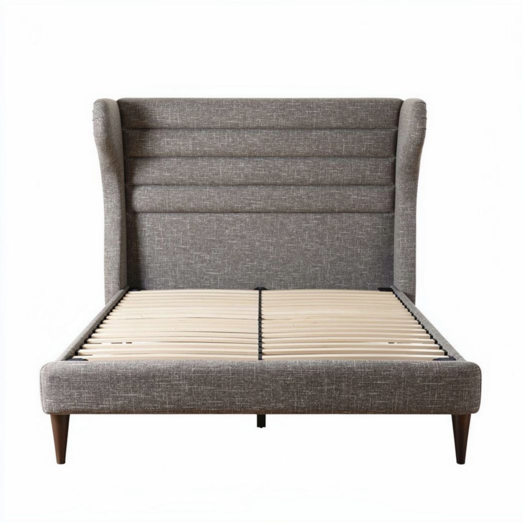 Lit en tissu gris avec tête de lit rembourrée et sommier en lattes 200 x 160 x 100cm