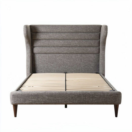 Lit en tissu gris avec tête de lit rembourrée et sommier en lattes 200 x 160 x 100cm