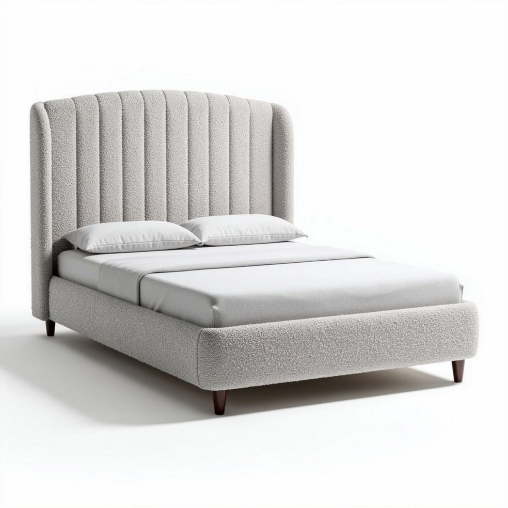 Lit en tissu beige avec tête de lit matelassée 200 x 160 x 100cm