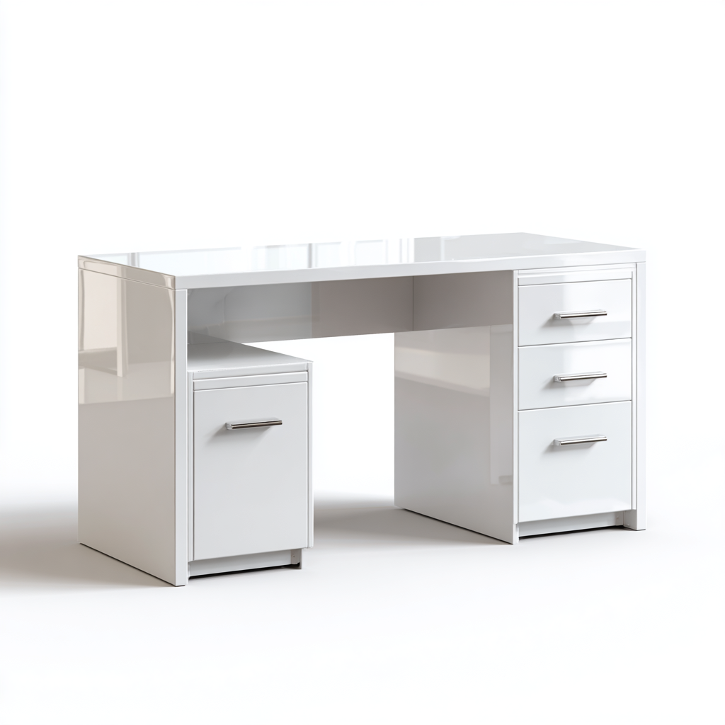 Bureau blanc brillant avec rangements ¨¤ tiroirs int¨¦gr¨¦s