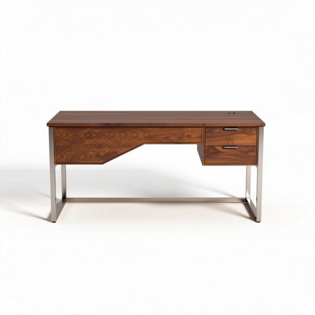 Bureau en bois avec motifs géométriques de 150 x 75 x 75cm brun et argenté