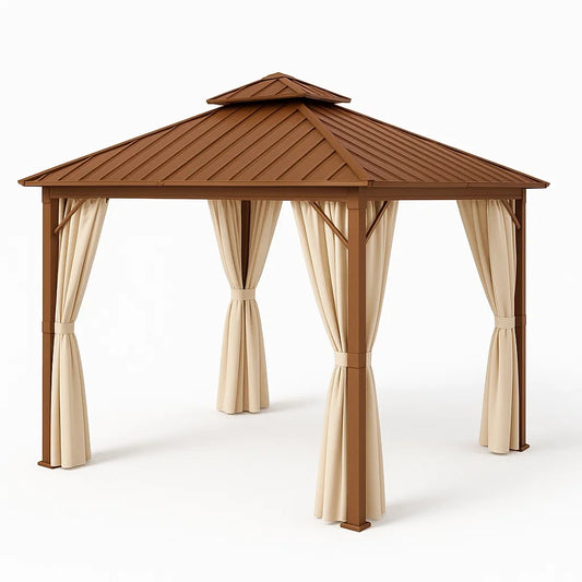 Pavillon en aluminium avec rideaux en polyester marron et beige(Marron/Beige)