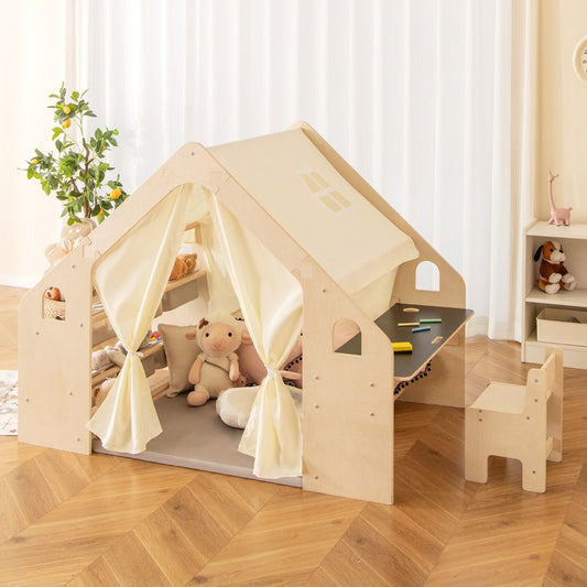 Tente de Jeu d'Int¨¦rieur en Bois pour Enfants 6 en 1 Tableau Noir Table Chaise 6 Bacs de Rangement Coussin de Sol Maison de Jeu pour 2-6 ans Beige(Default Title)