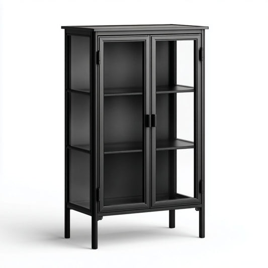 Vitrine en m¨¦tal noir avec portes vitr¨¦es et ¨¦tag¨¨res