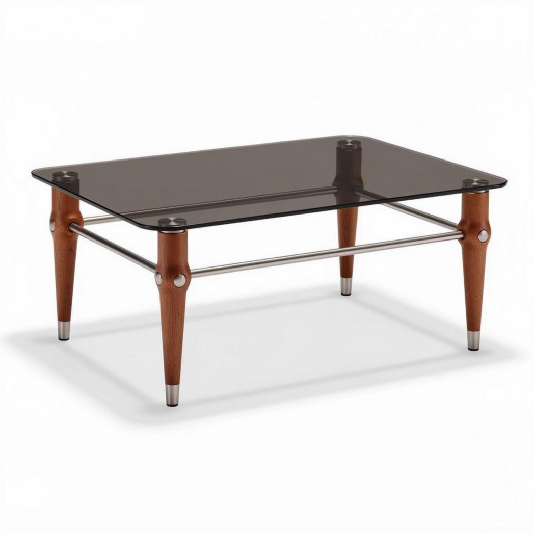 Table basse carrée en verre noir avec pieds en bois de hêtre 100 x 60 x 40cm