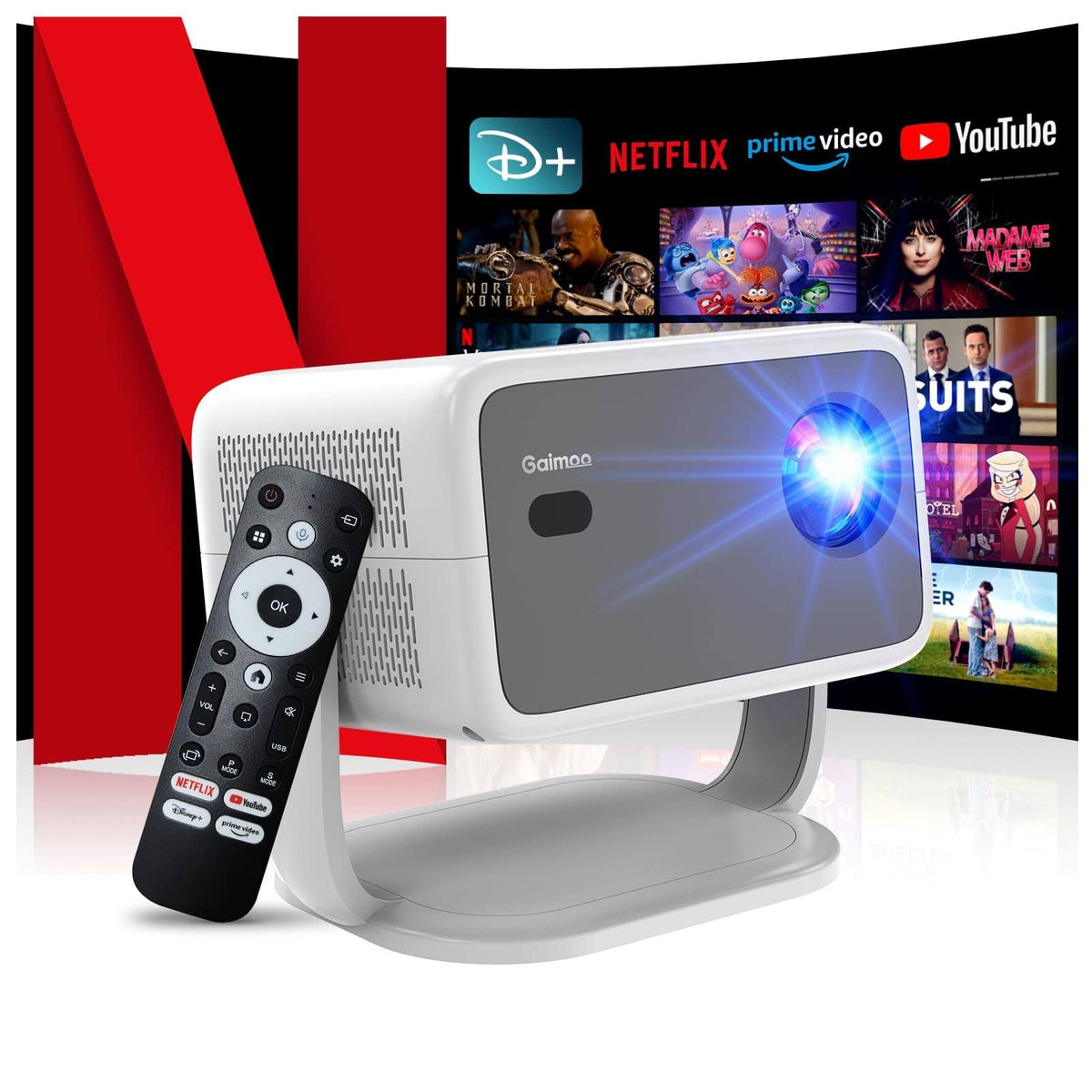 4K Vid¨¦oprojecteur [Netflix Officiel/Auto Focus/Support Rotatif ¨¤ 360¡ã] R¨¦troprojecteur avec WiFi et Bluetooth 1080P Natif, One-Click Use Netflix/(Blanc/Gris)