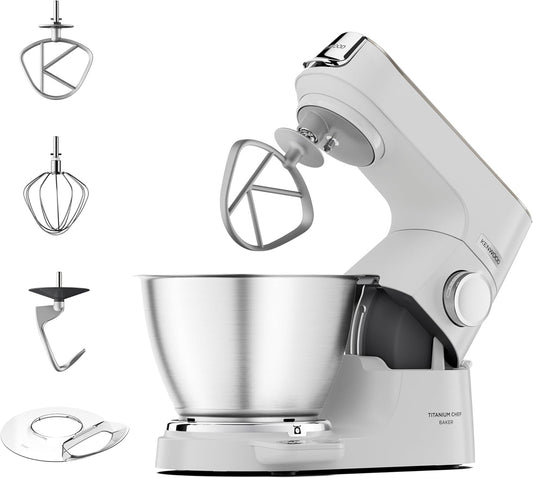 Kenwood Titanium Chef Baker KVC65.001WH, Pastry Robot with Integrated Scales, Including 3-Piece Pastry Set, Spatula  Splash Protection, 1200 W, White(1 bol)