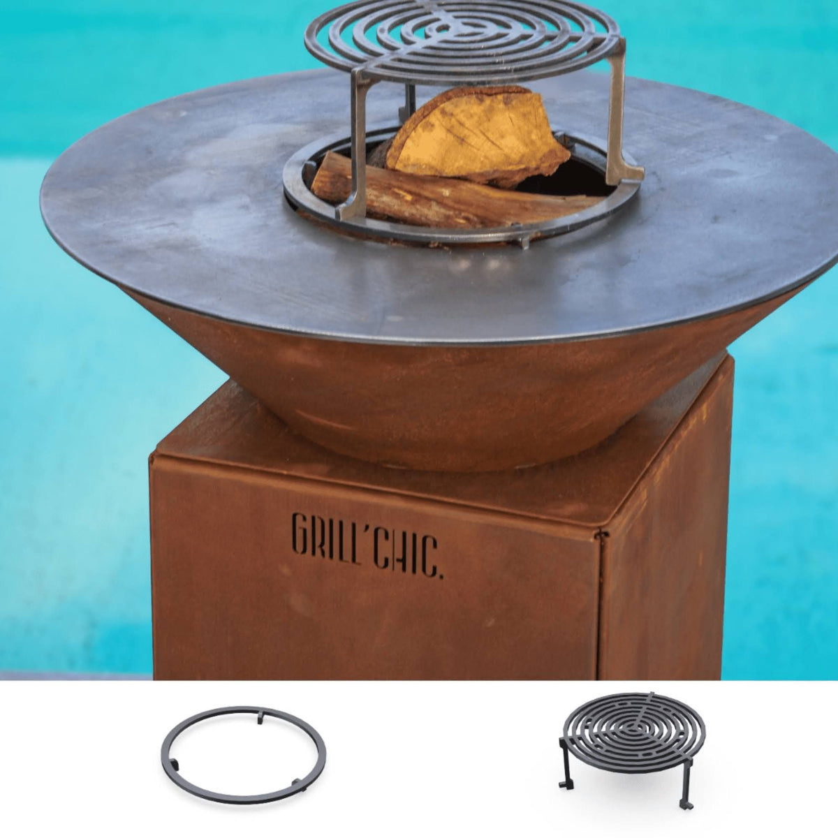 grill'chic Pack D¨¦couverte Brasero Auvergnat Corten Simple Cuve Rond 62x76 Cm(Gris/Marron)