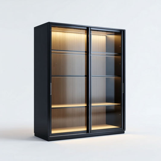 Armoire 2 portes coulissantes noir et bois avec portes vitr¨¦es et ¨¦clairage LED