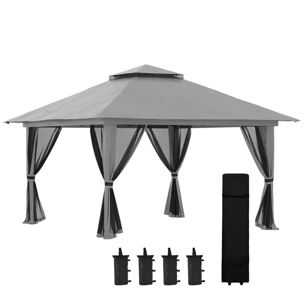 outsunny Tonnelle jardin pop-up 4x4m double toit UV50+ 4 moustiquaires(Gris/Noir)
