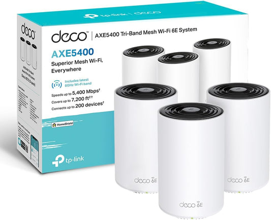 TP-Link Deco WiFi 6E Mesh AXE5400Mbps Deco XE75(3-Pack), Routeur et r¨¦p¨¦teur tri-Bande, Couverture jusqu'¨¤ 670 m2, WPA3, id¨¦al pour Grandes Maisons, Compatible avec Amazon Alexa, 9 Ports Gigabit(Blanc)