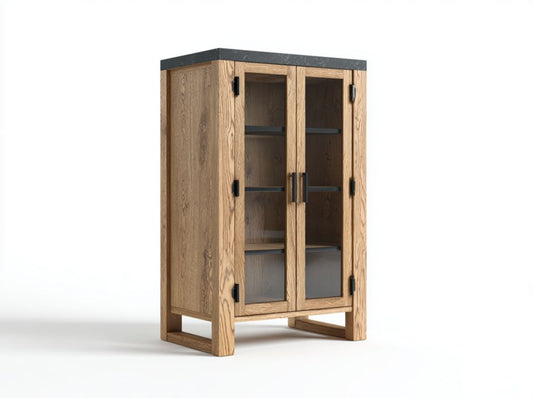 Vitrine en ch¨ºne clair avec portes vitr¨¦es et ¨¦tag¨¨res multiples