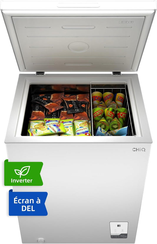 Cong¨¦lateur coffre CHiQ 142L, 63,5 x 55,6 x 83,5cm, Cong¨¦lateur Inverter, Affichage de la temp¨¦rature ext¨¦rieure, Mode de cong¨¦lation rapide -32¡æ, Grille m¨¦tallique,Faible bruit(Blanc)